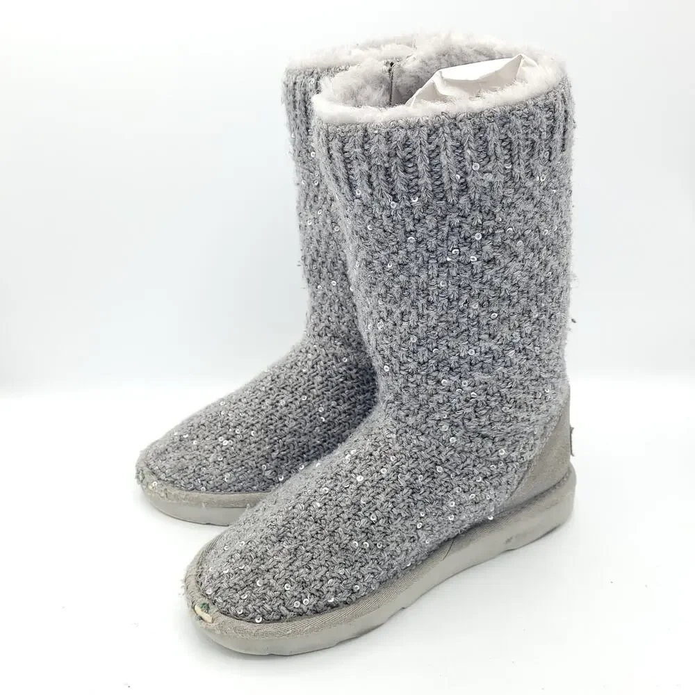 UGG Treadlite Silver Gray Sequin Knit Mid Calf Sweater Boots girls Size 13